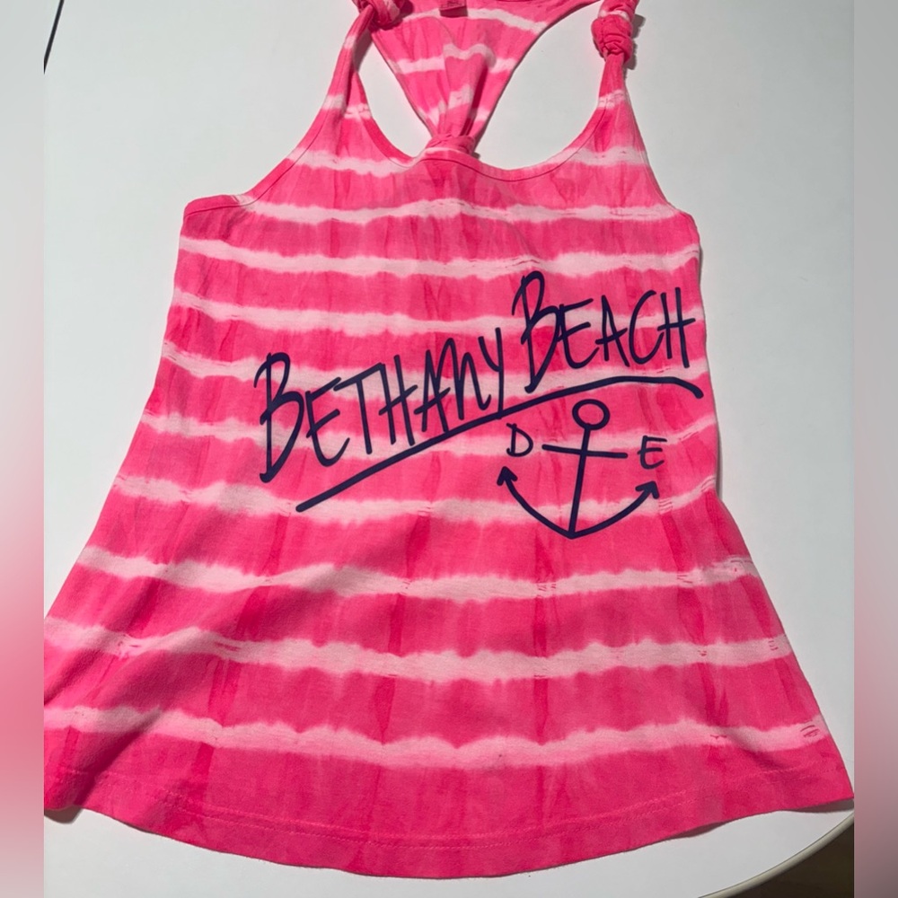 Hot Pink & White Striped Racerback Graphic Tank Top Bethany Beach Delaware - Picture 2 of 2